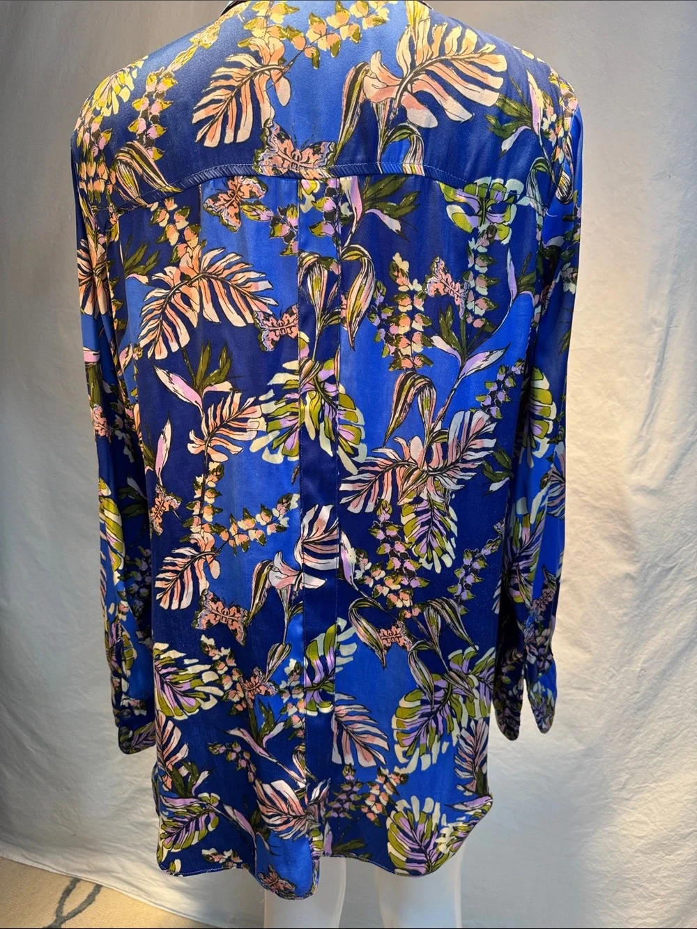 Free People Navy Blue Botanical Satin Button-Down Blouse